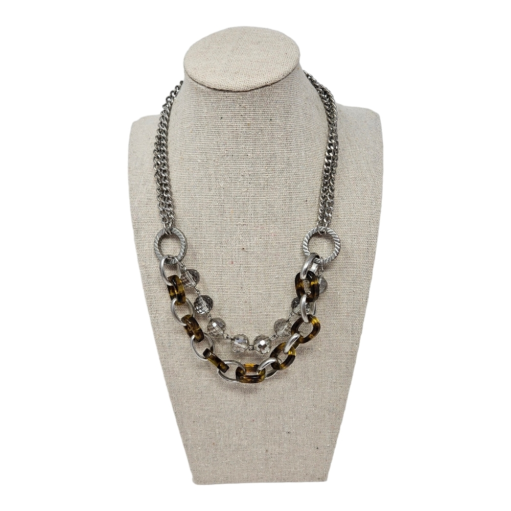 Loft Layered Chunky Chain Necklace Faux Tortoise Rhinestones Silver Tone